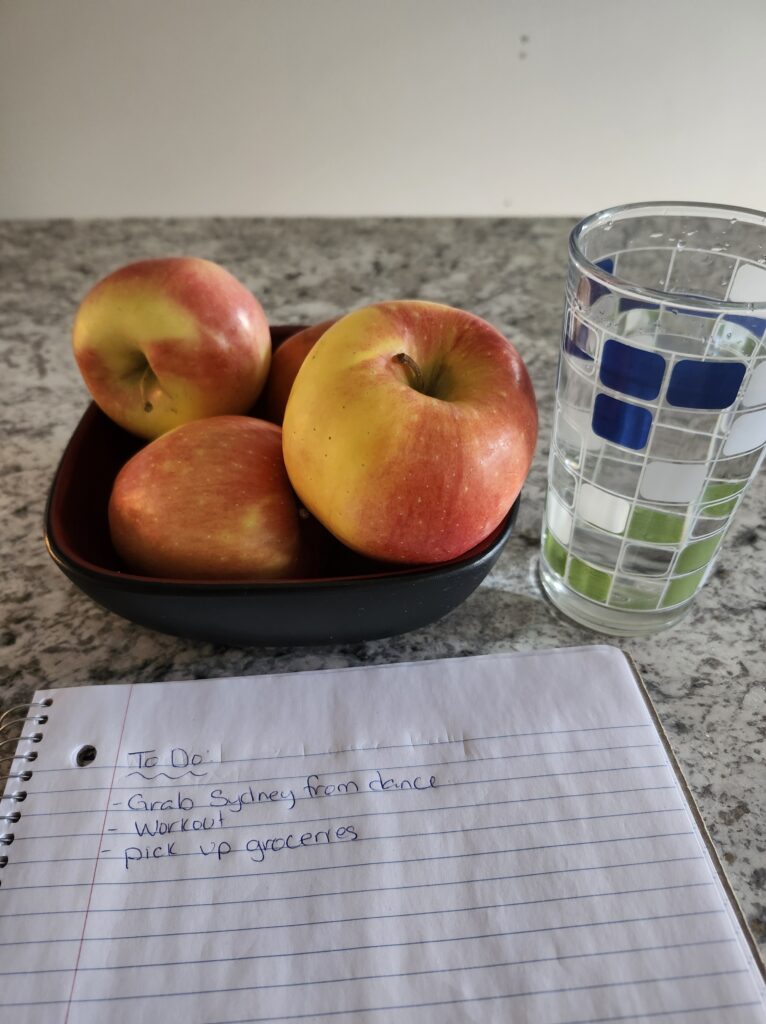 Bowl of fruit and a cup of water with to do list on counter
