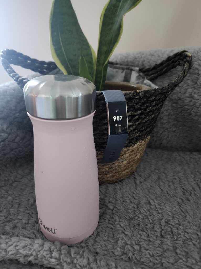 Pink water bottle and plant on a bench with charge 3 fitbit showing time and step count