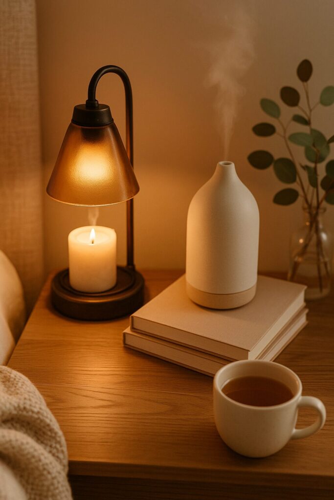 Cozy bedroom with lamp, diffuser, tea, books ready to wind down
