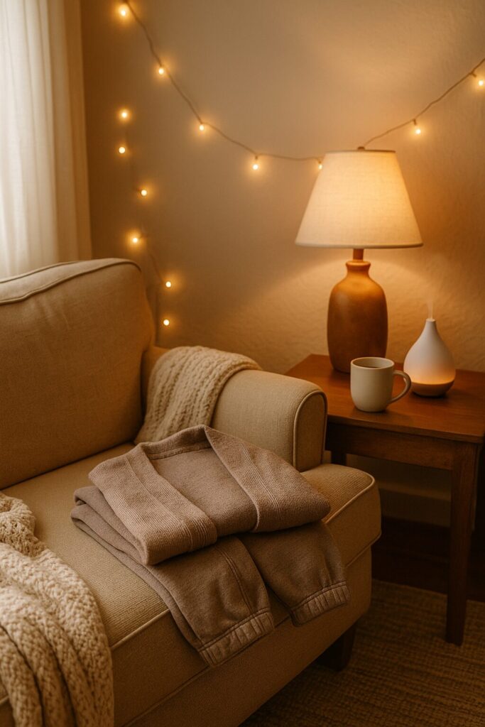 Cozy bedroom with lamp low lights tea diffuser and couch