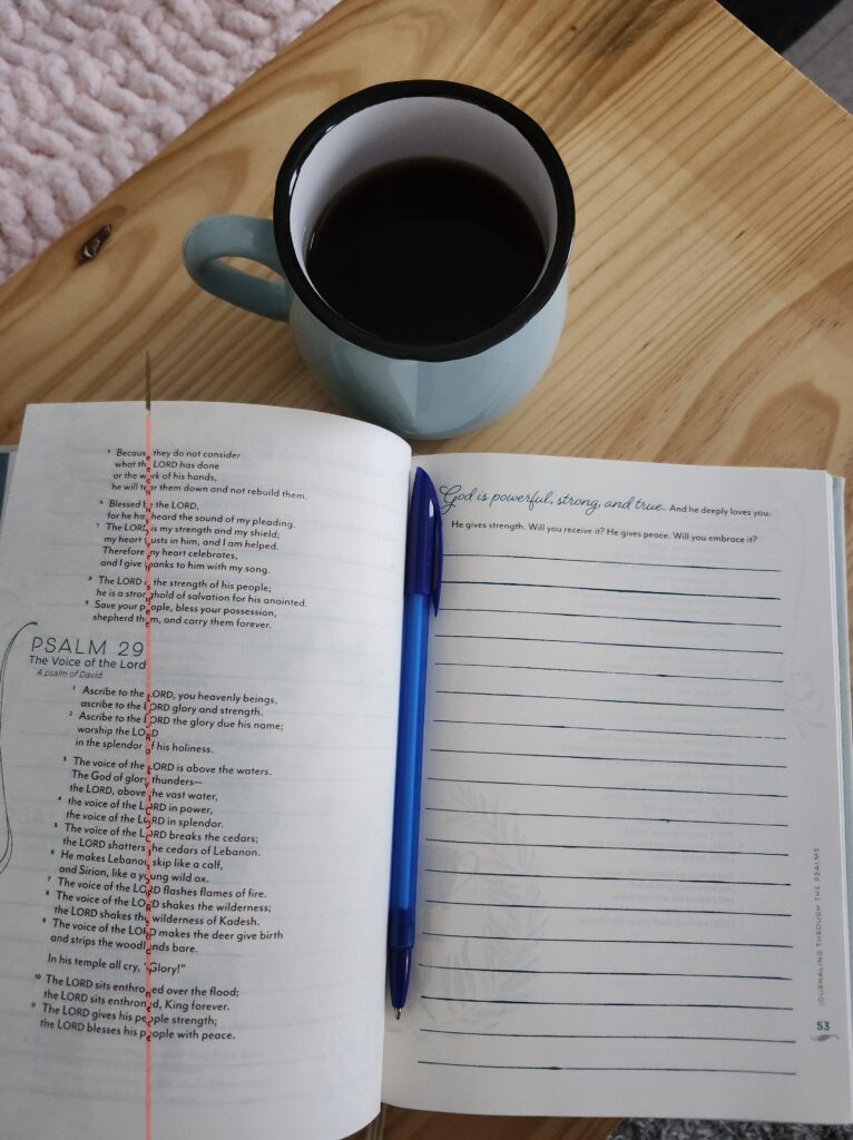 Open devotional book with coffee mug – peaceful morning habit for women over 40