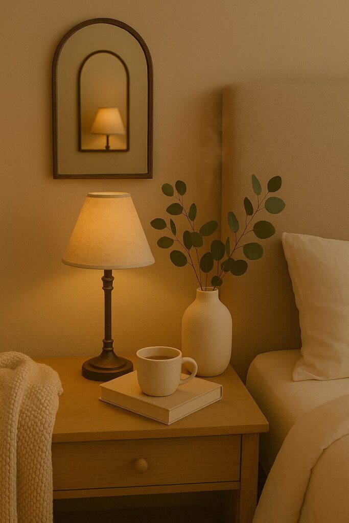 Cozy bedroom with low lights, tea, jounal, plant and getting ready to wind down