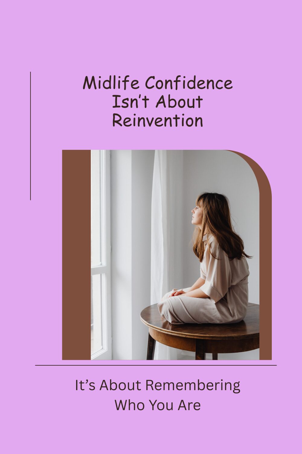 A lady sitting crossed legged on a table gazing out of a window