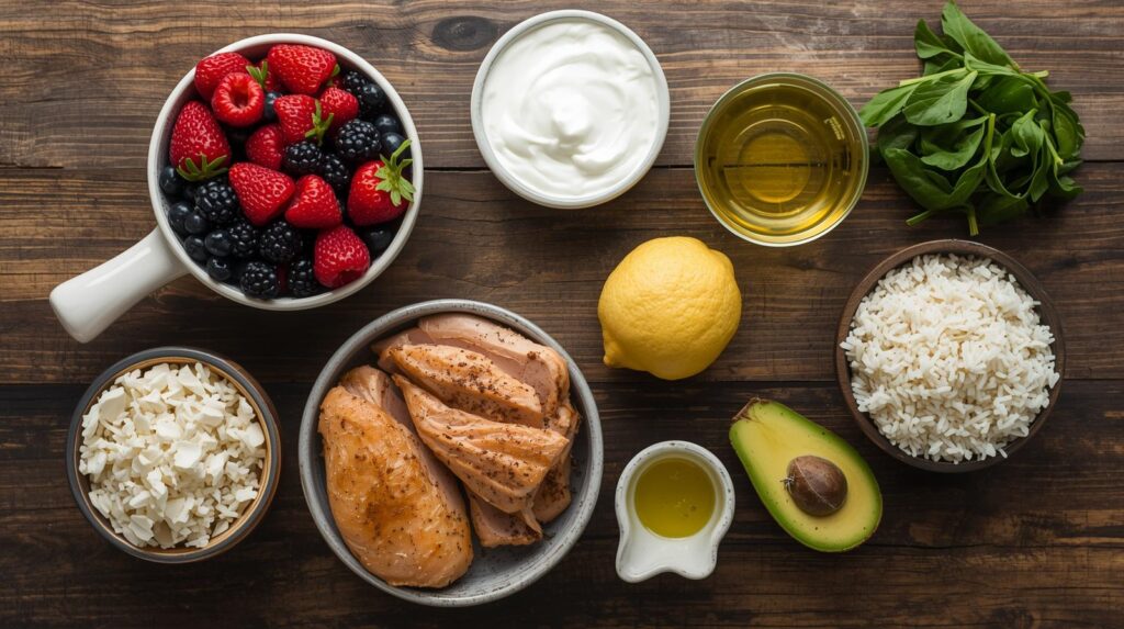 Top-down view of simple whole foods including berries, cooked chicken, rice, avocado, spinach, Greek yogurt, lemon, and olive oil on a wooden table.