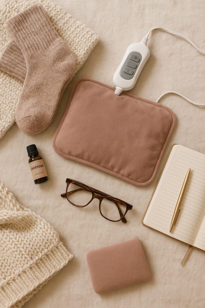 Wind down things like heating pad, glasses eseential oils, journal and cozy socks