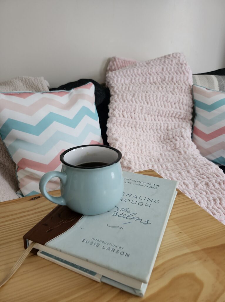 Peaceful space for reading or journaling and unwinding with some tea — creating calm moments during busy midlife days