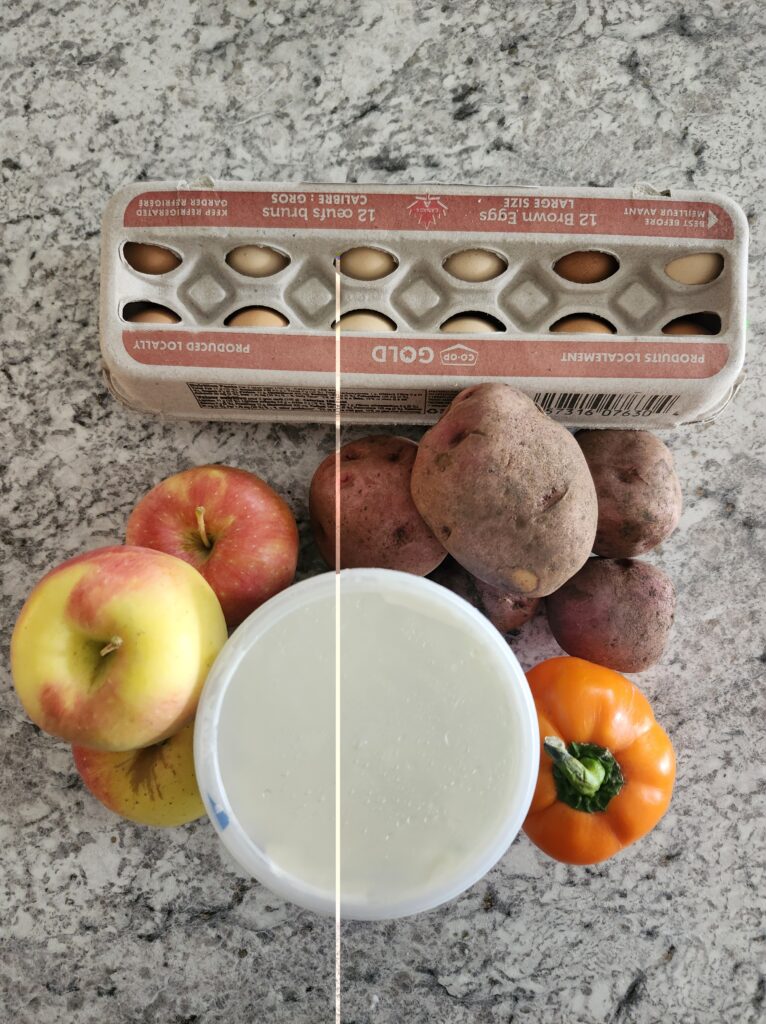 Carton of eggs, greek yogurt, potaotes, apples and pepper on counter
