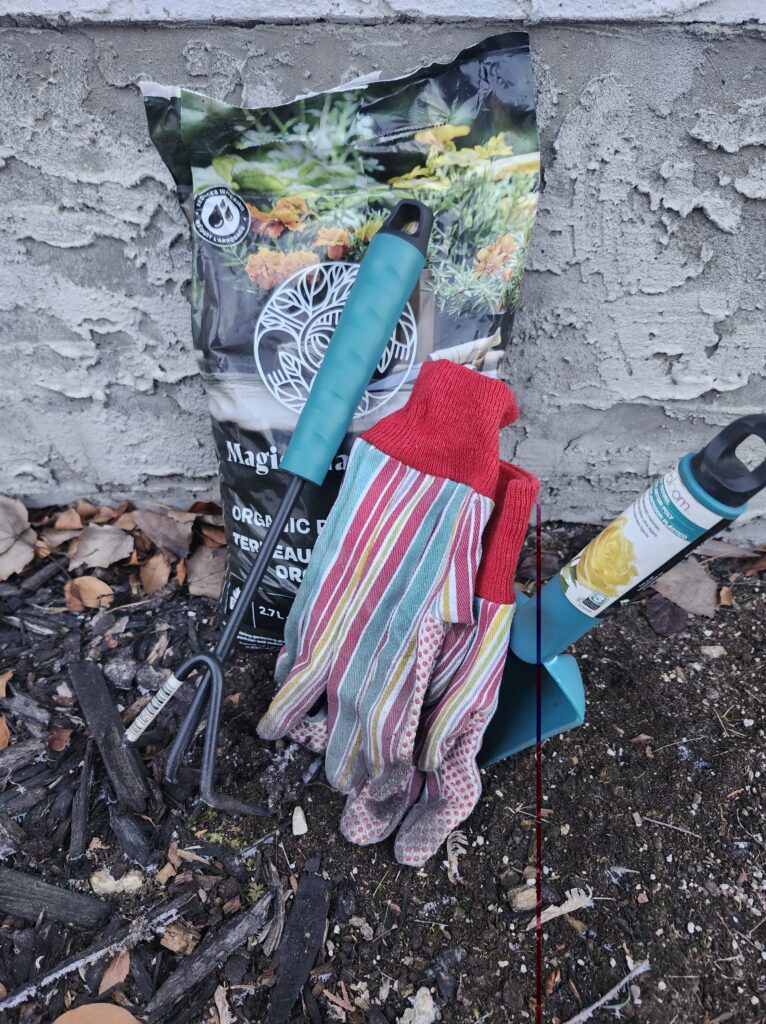Garden tools, garden gloves, soil outside ready to do some gardening