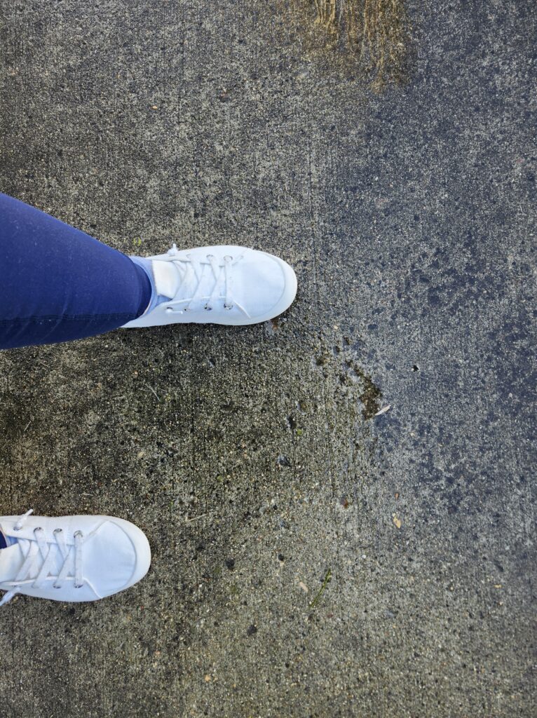 Outside walking on pathe with white shoes for some movement