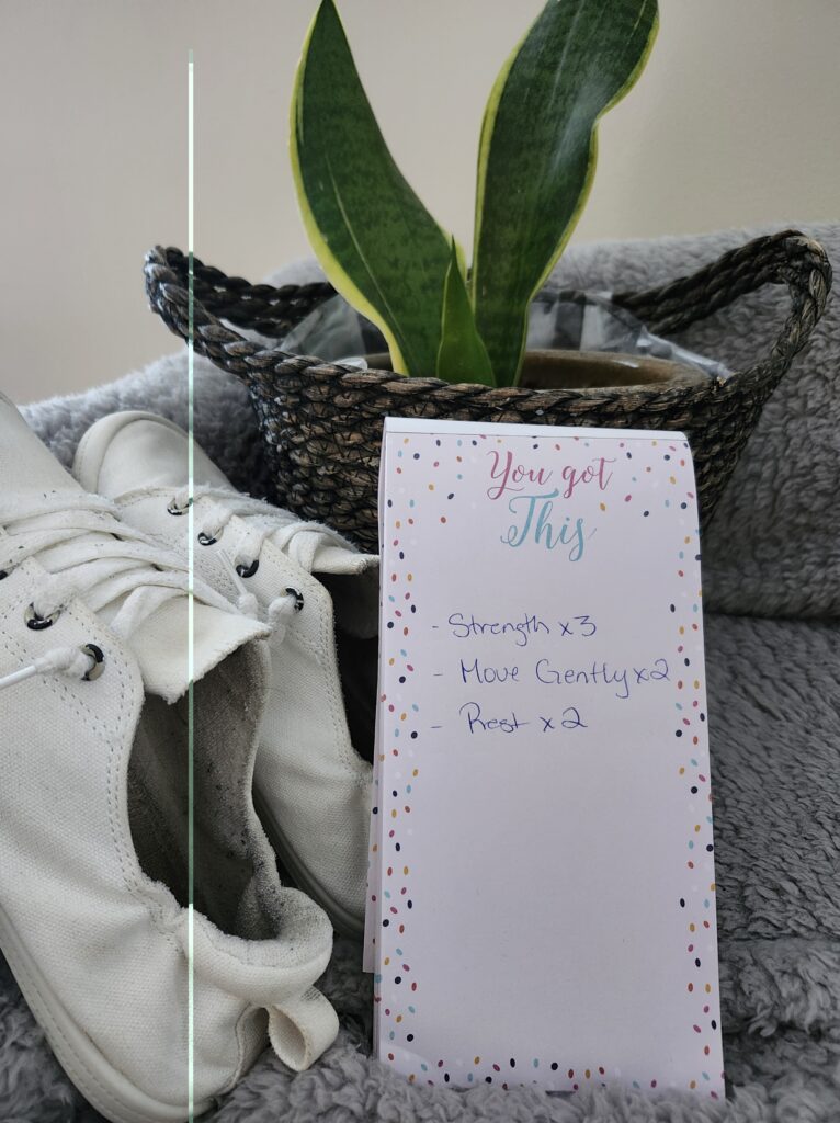 Walking shoes with my 3-2-2 method outlined for the week with a plant all on my bench