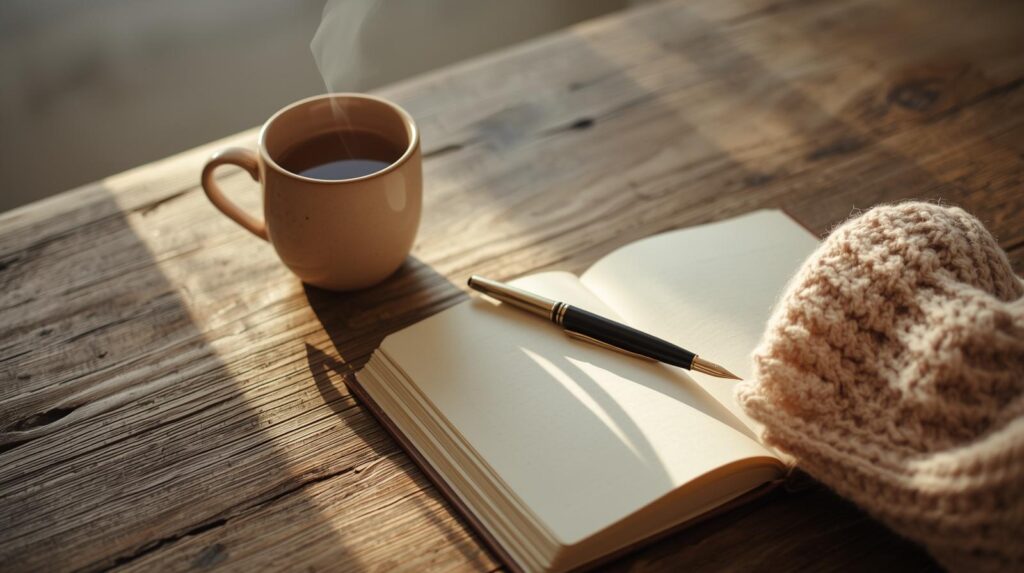 A warm cup of tea and journal on a wooden table with a sweater ready to plan your 10 minute routine