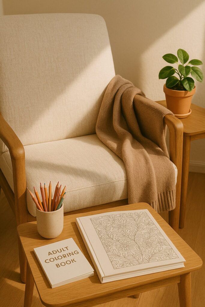 A comfy couch with a coloring book and pencil crayons