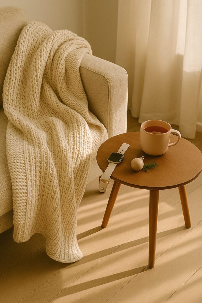 Cozy chair with tea, smartwatch and a blanket