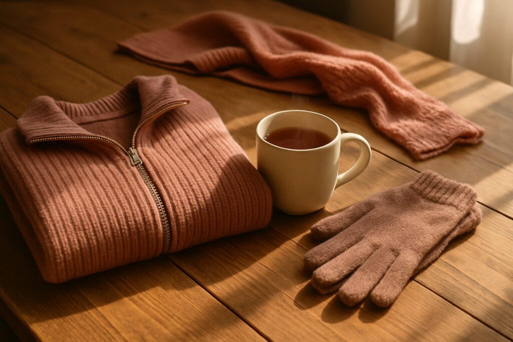 Warm sweater and gloves with some tea