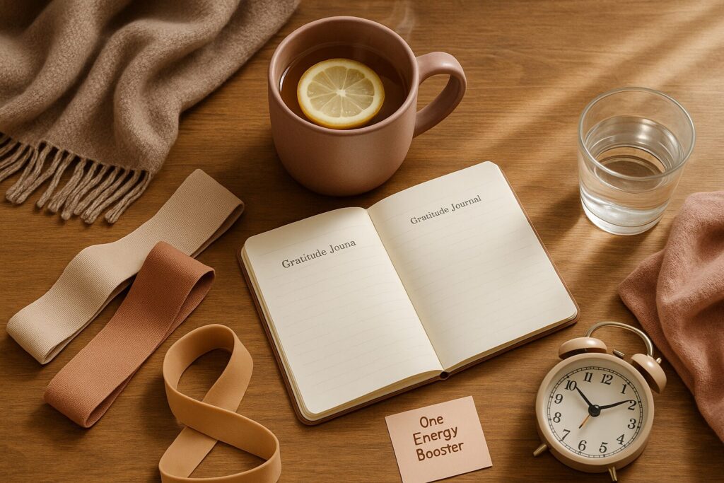 A gratitude journal with tea and water