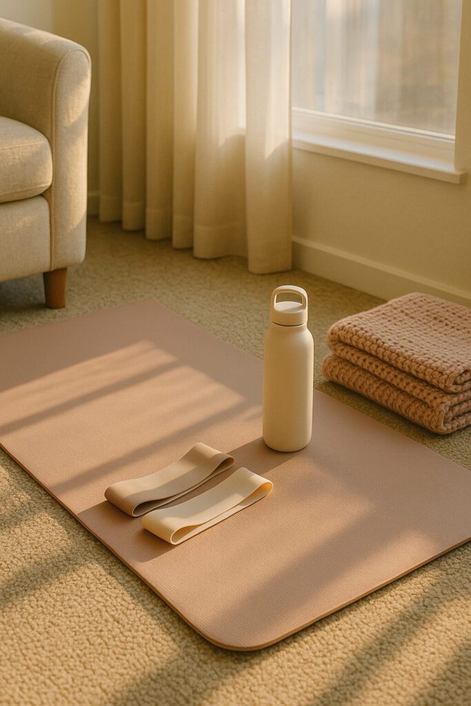 Bedroom with soft light and some workout bands on a mat and a water bottle