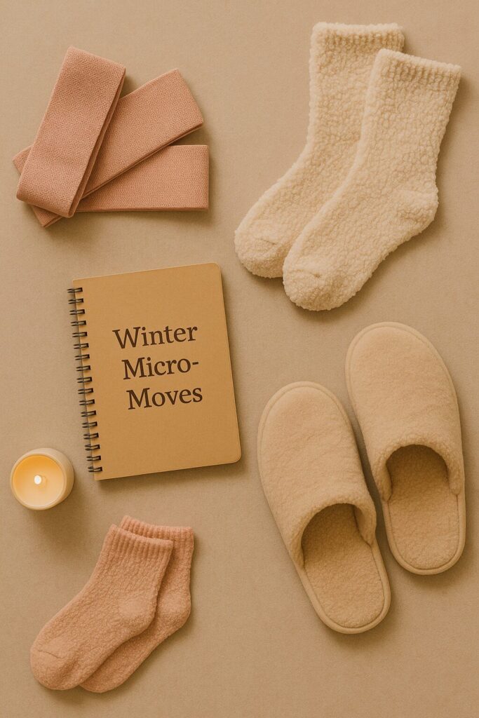 Fuzzy socks, journal, slippers and candle to keep cozy and warm