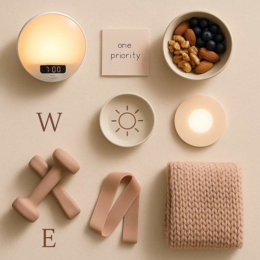 Flat lay of weights, bands, cozy scarf, nuts to get yourself ready for a some movement