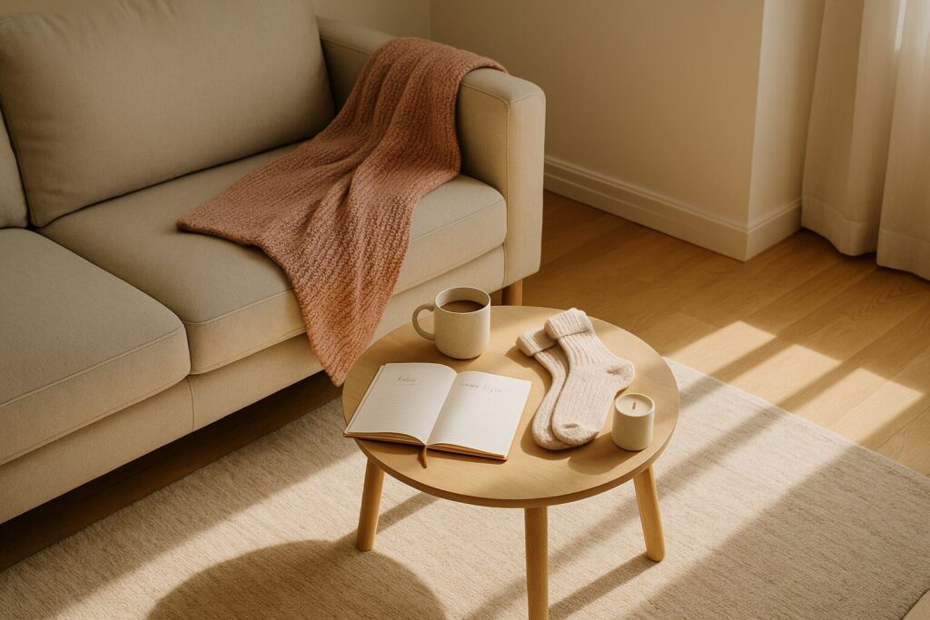 Coxy bedroom with fuzzy socks, tea and journal on a side table
