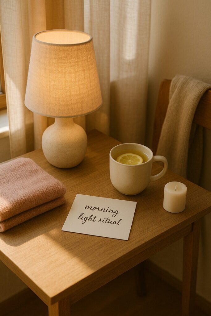 A cozy lamp with tea, lamp candle and morning light