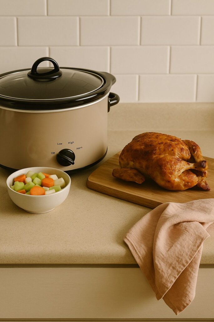 Crockpot with turkey and vegetables on the counter