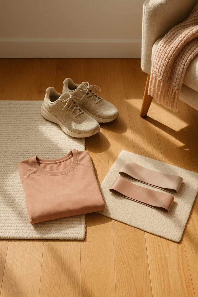 Tennis shoes, bands, sweater and a chair. getting ready to workout.