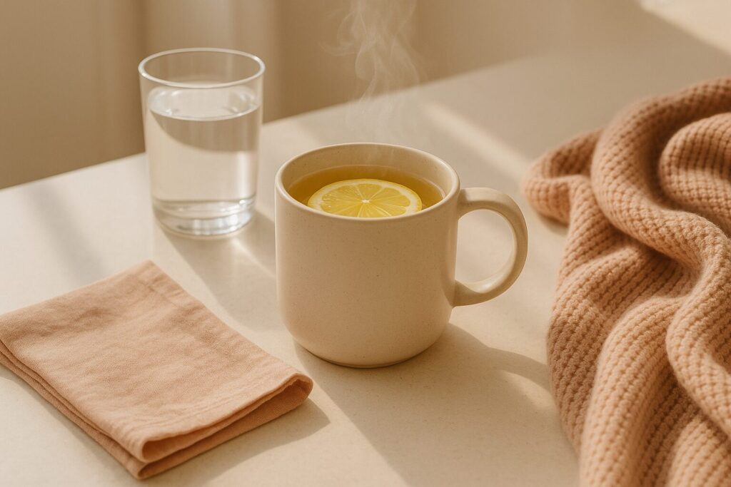 Tea with water on and cozy table and sweater