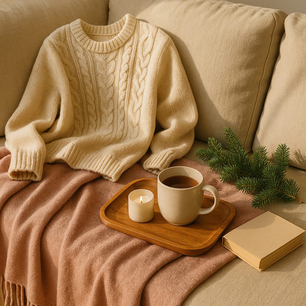 Comfy sweater with tea and a candle on a couch