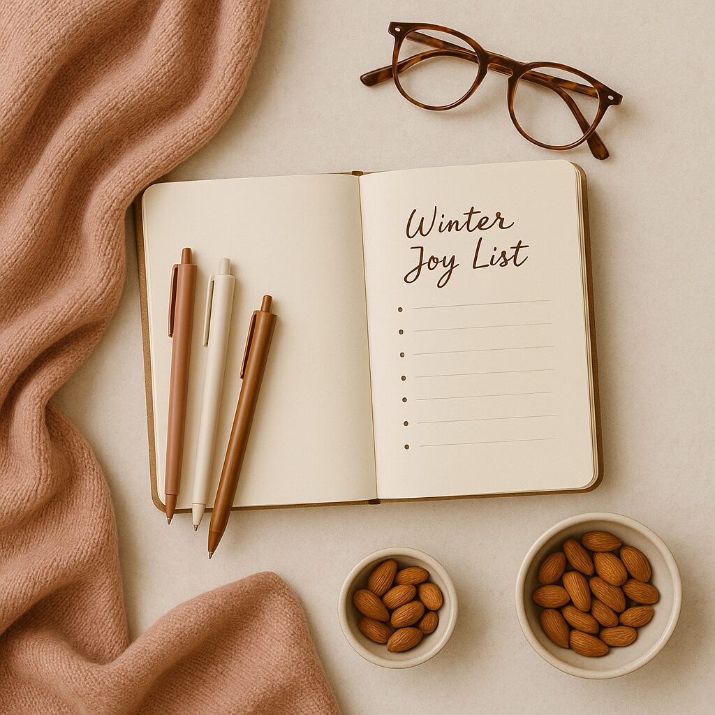 Winter Joy list with nuts and a pen