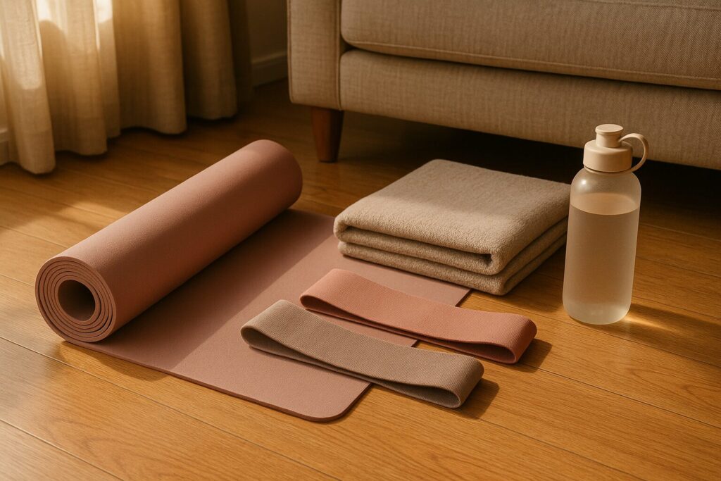 Bands, yoga mat water bottle in a corner of a room