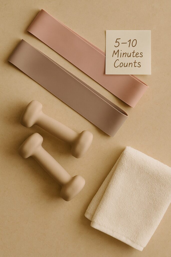 Bands and some weights and 5-10 minutes